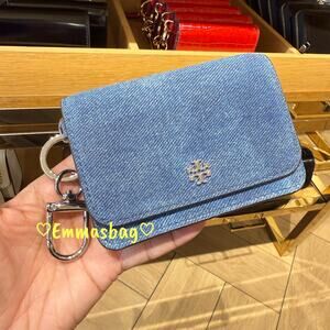Tory Burch Emerson Denim Suede Flap Card Case 181944 Dark Denim $200